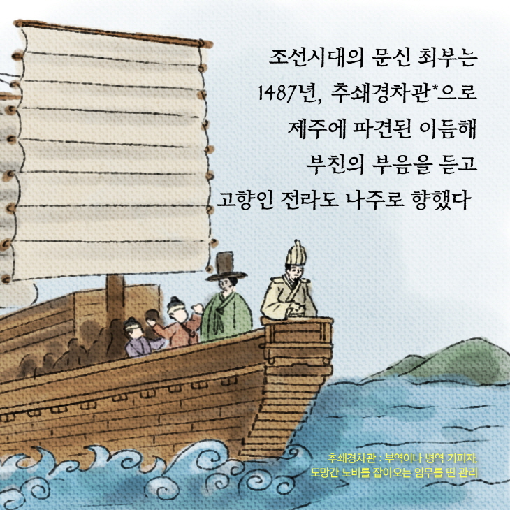 조선시대의 문신 최부는 1487년, 추쇄경차관으로 제주에 파견된 이듬해 부친의 부음을 듣고 고향인 전라도 나주로 향했다 추쇄경차관 : 부역이나 병역 기피자. 도망간 노비를 잡아오는 임무를 띤 관리 