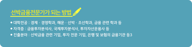 선박금융전문가 되는 방법 * 대학전공 : 경제·경영학과, 해운·선박·조선학과, 금융 관련 학과 등 * 자격증 : 금융투자분석사, 국제투자분석사, 투자자산운용사 등 * 진출 분야 : 선박금융 관련 기업, 투자 전문 기업, 은행 및 보험의 금융기관 등