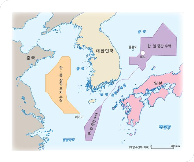 중국, 대한민국, 일본의 수역모습