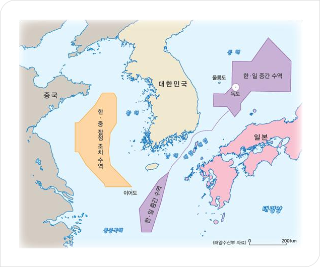 한 중 잠정조치 수역, 한일 중간 수역 영역 표시되어있는 지도